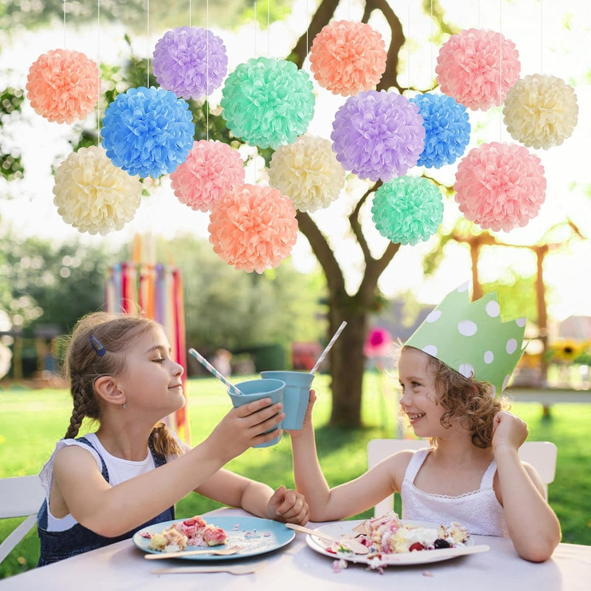 EASY JOY 15PCS Pastel Paper Tissue Pom Poms Decoration Macaron Rainbow Candy Ice Cream Easter