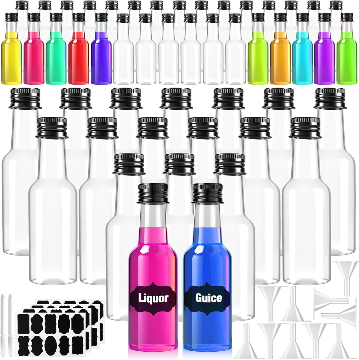 50 Pcs Mini Liquor Bottles with Black Cap, Plastic Alcohol Bottles, 2oz Leakproof Empty Spirit