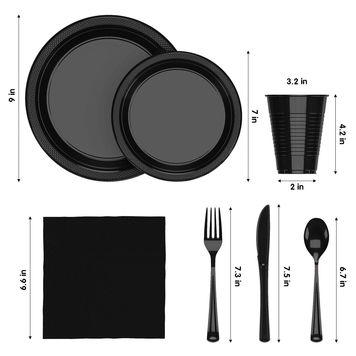 350 Pcs Black Plastic Plates For Party, Black Disposable Plates Set, 50 Of Each 9" Dinner Plate