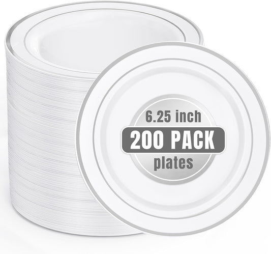bUCLA 200PCS Silver Plastic Plates - 6.25inch White with Silver Trim Disposable