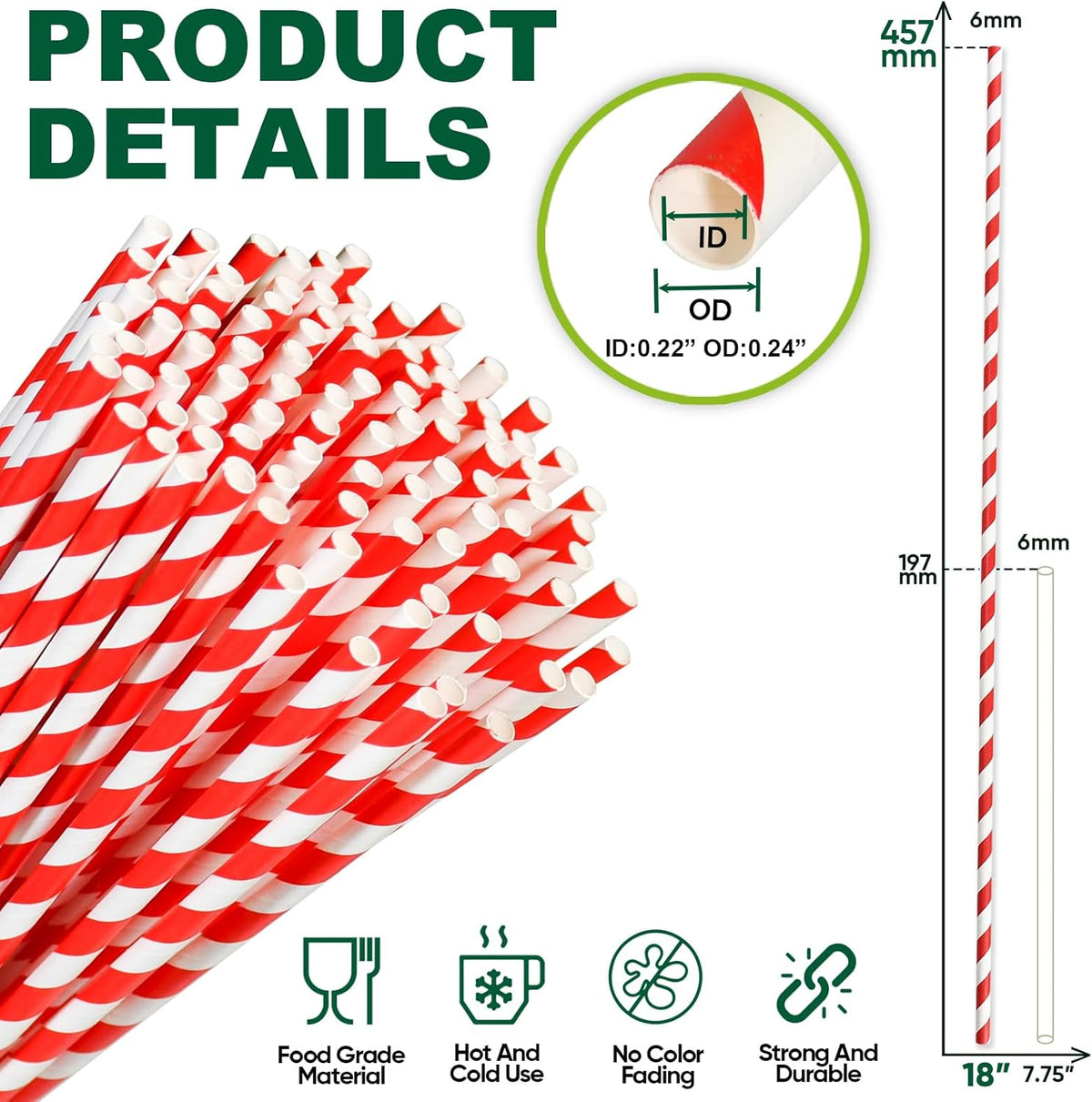 18 Inch Extra Long Paper Drinking Straws - For Large Drinks, Cotton Candy Sticks, DIY Crafts - Red