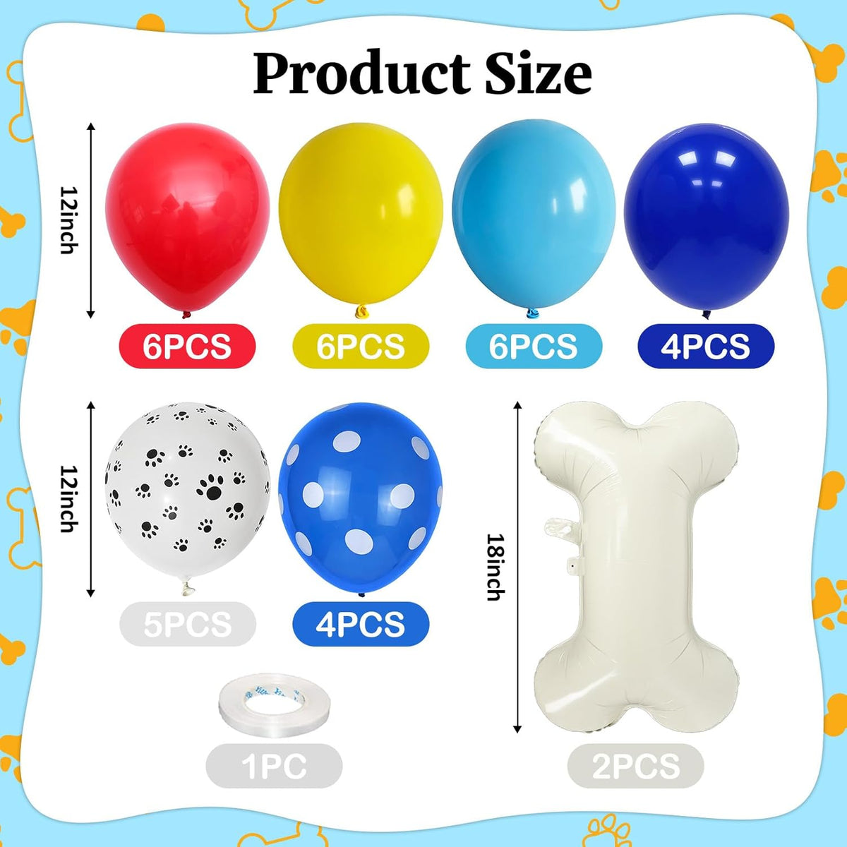 Dog Balloons, Red Yellow Blue Paw Print Balloons with 18 Inch Bone Foil Balloon, Dog Paw Latex