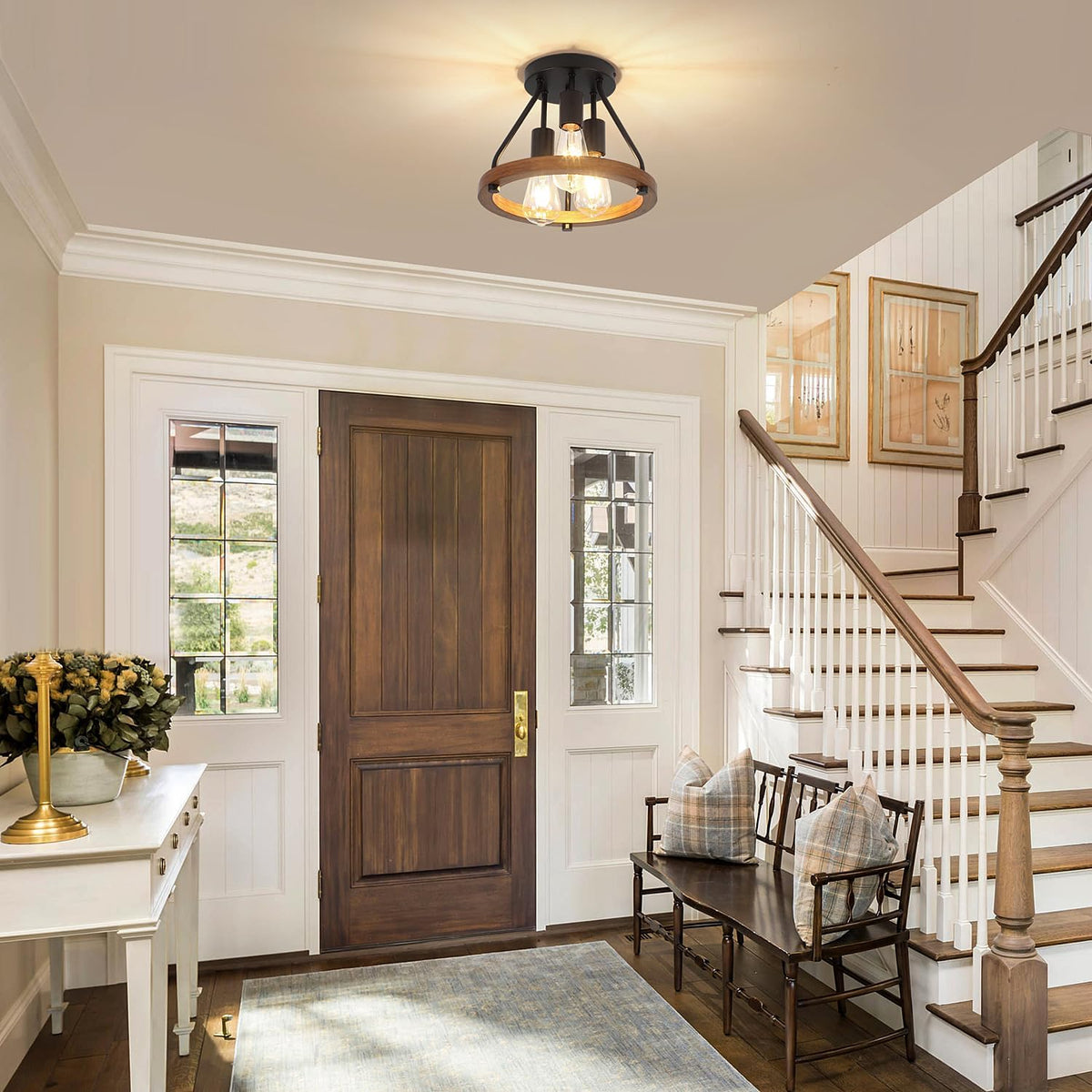 Modern Farmhouse Wood Semi Flush Mount Ceiling Light, Hallway Entryway Light Fixtures, 3-Light