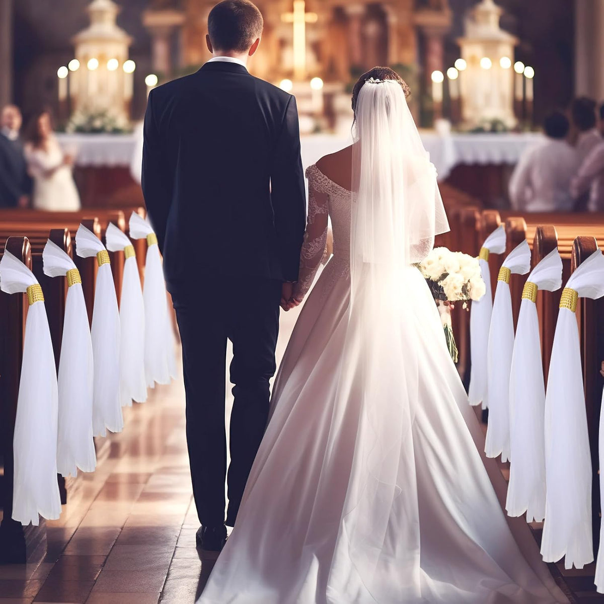 24 Set Wedding Aisle Chair Decorations 31.5 Inch Pew Bows with Long Tulle Tails and Rhinestone wrap