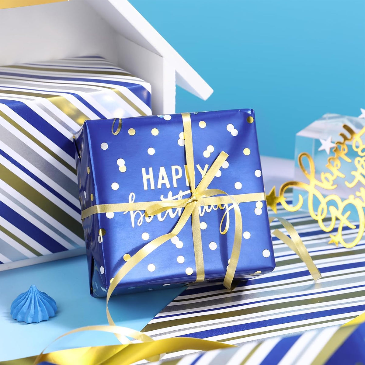 LeZakaa Reversible Blue Birthday Wrapping Paper Roll for Boys Men, Happy Birthday Lettering &