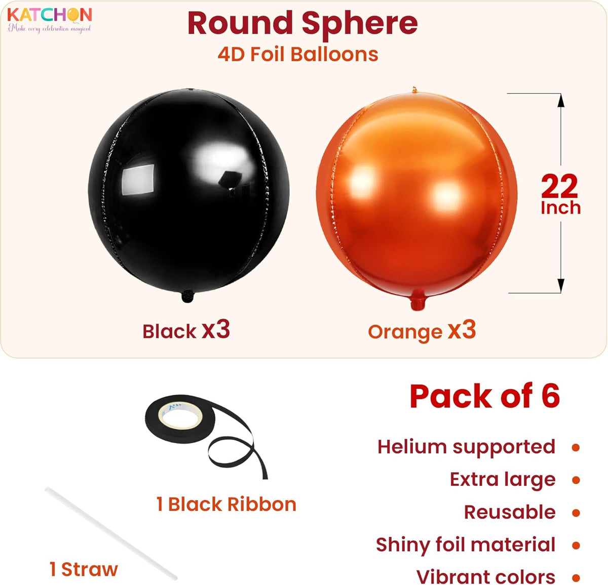 Katchon, Huge, Metallic Orange and Black 4D Foil Balloons -22 Inch-pack of 6 | Halloween