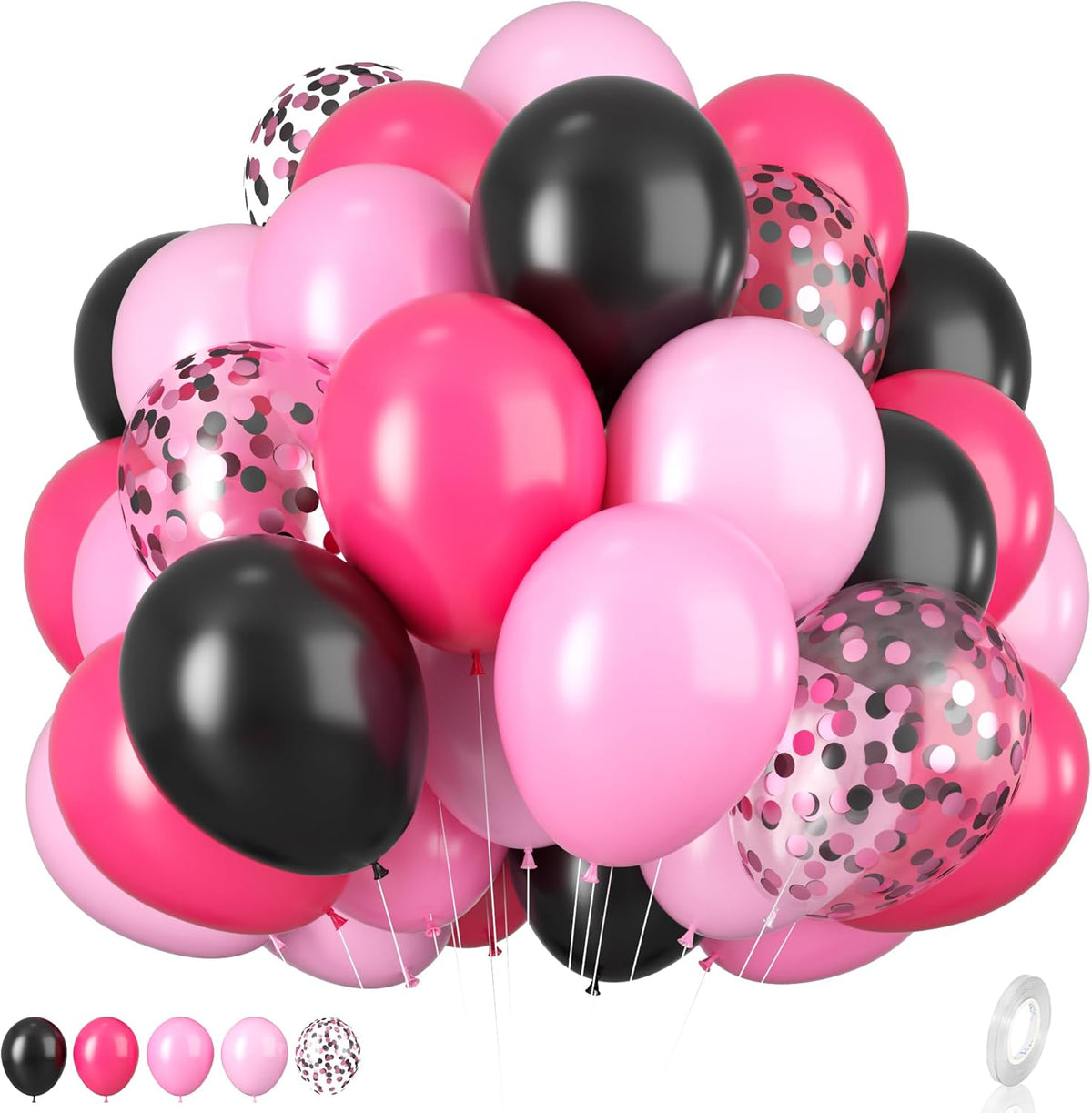 Pink and Black Balloons, 12 Inch Hot Pink Black Balloons Set with Black Pink Confetti Balloons