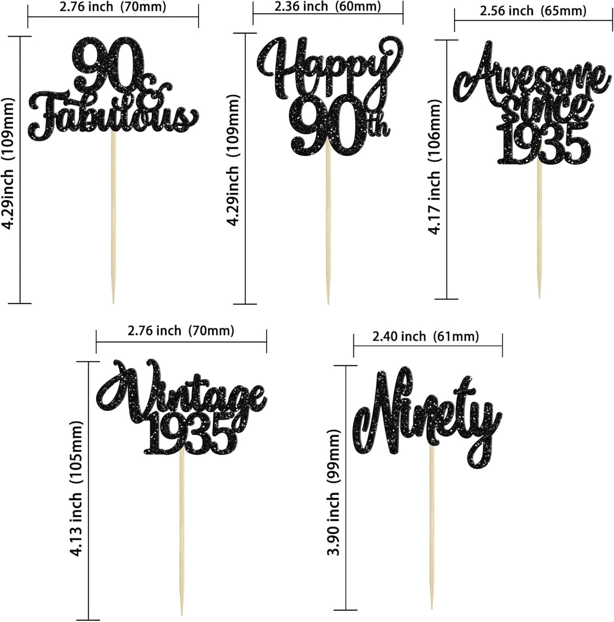30Pcs Happy 90th Birthday Cupcake Toppers Glitter Awesome Since 1935 Ninety 90 Fabulous Vintage