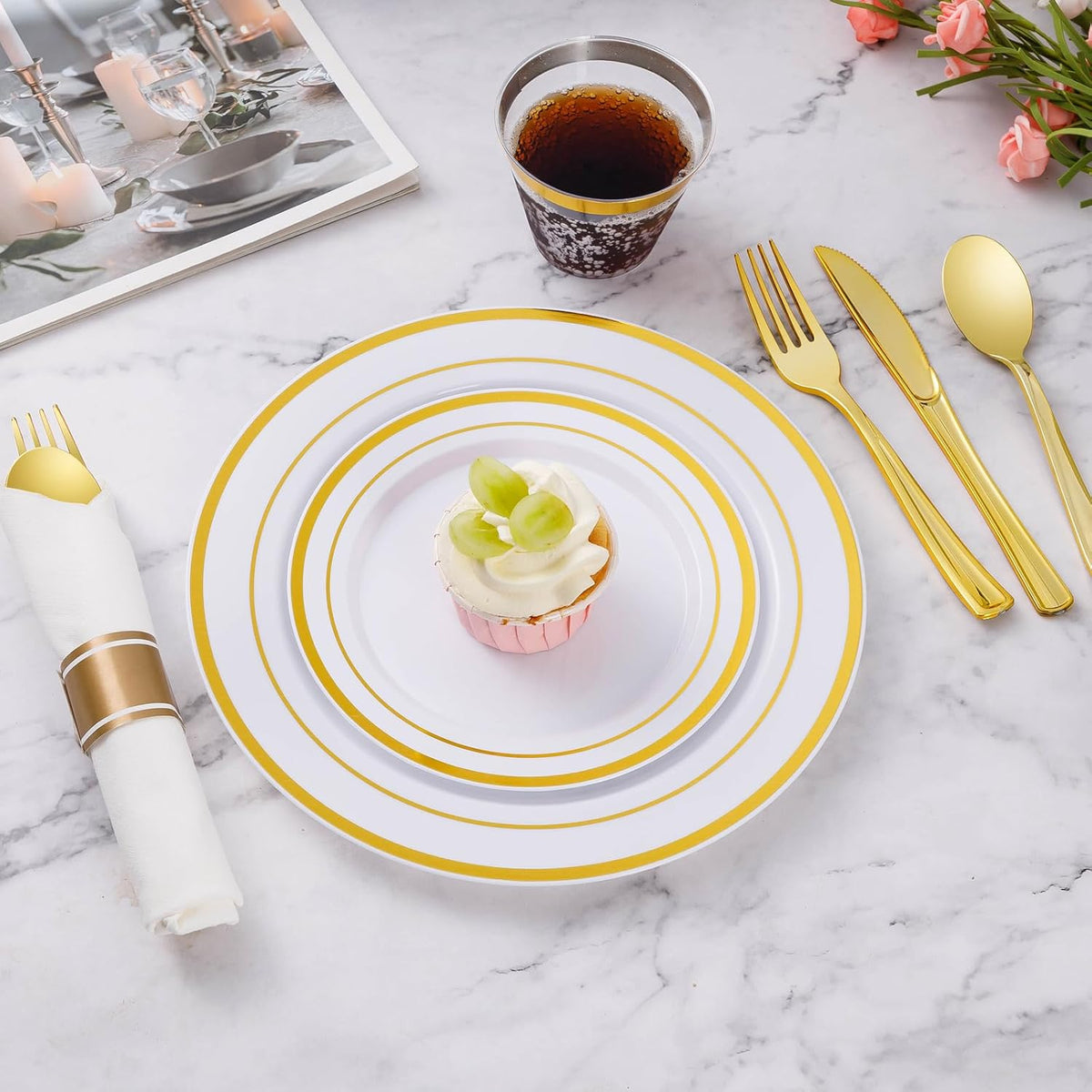 Goodluck 175 Piece Gold Plastic Dinnerware Set for 25 Guests, Fancy Disposable Plates for Party