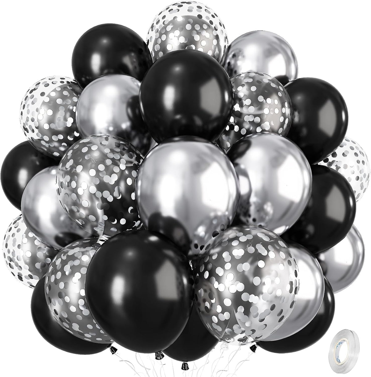Black and Silver Balloons, 12 Inch Metallic Chrome Black Silver Confetti Latex Helium Balloons for