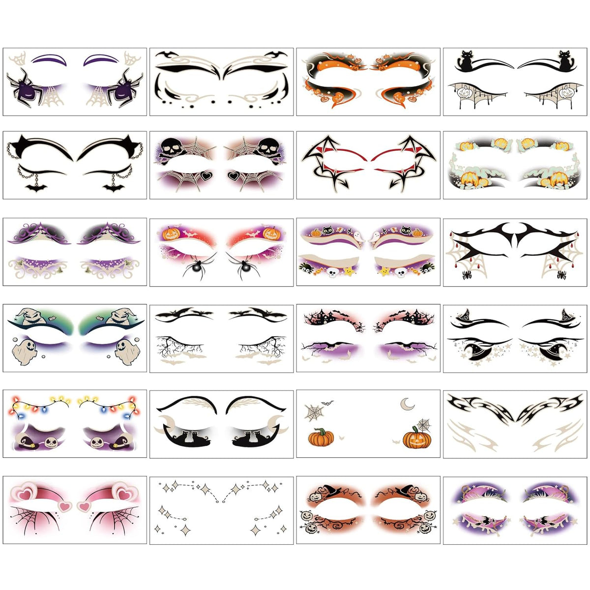 24 Pairs Halloween Luminous Eye Shadow Temporary Tattoos, Eyeliner Tattoo Stickers Spider Web Bat