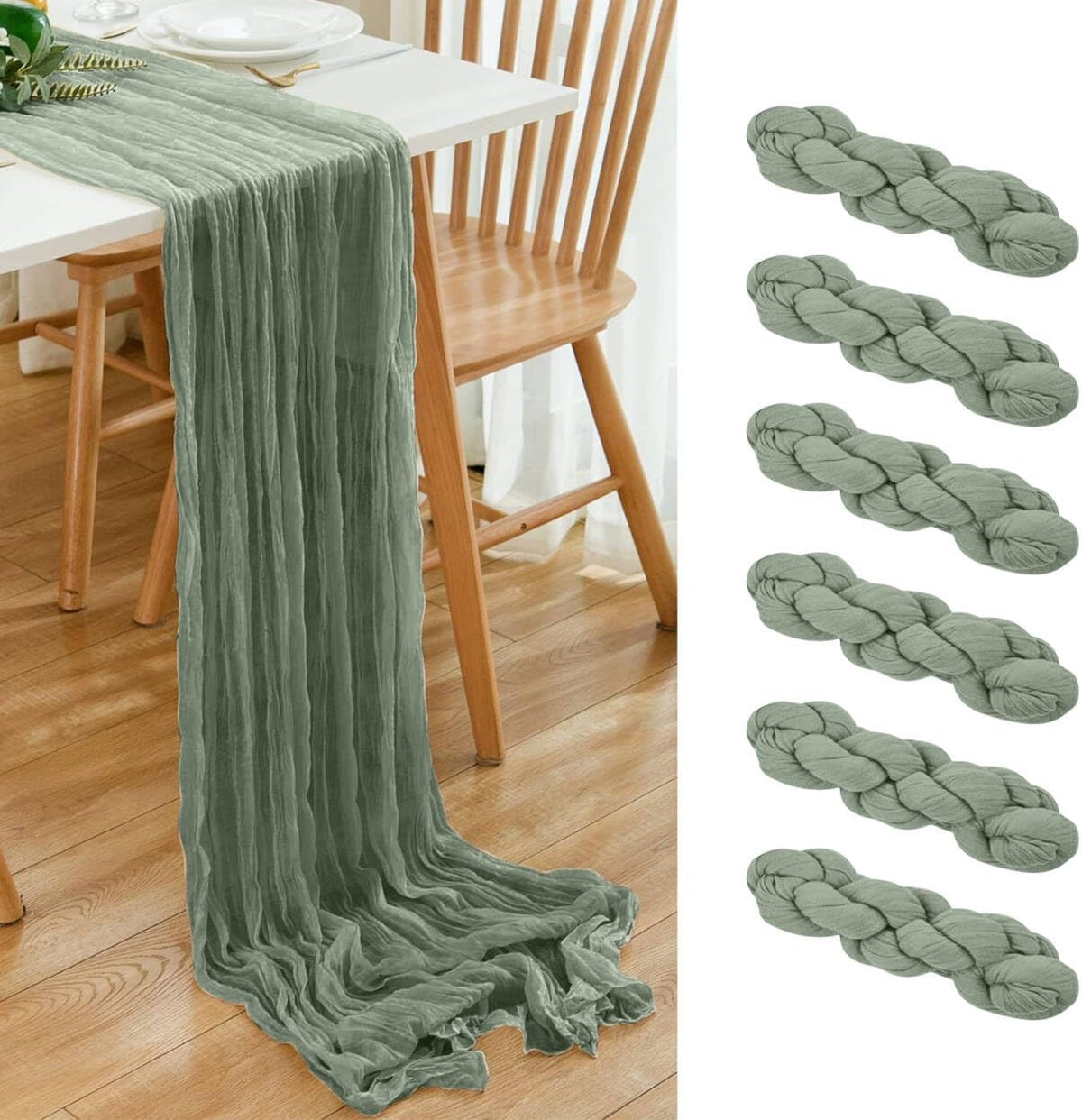 6 Pack Sage Green Cheesecloth Table Runner 20x120 Inch Boho Wrinkled Sheer Romantic Gauze Decor for