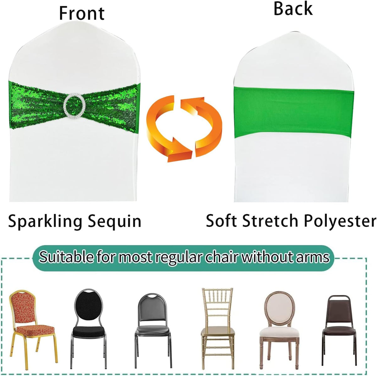 50 Pcs Chair Sashes Sequin Stretch Chair Bands Spandex Polyester Bows for Party Hotel Wedding