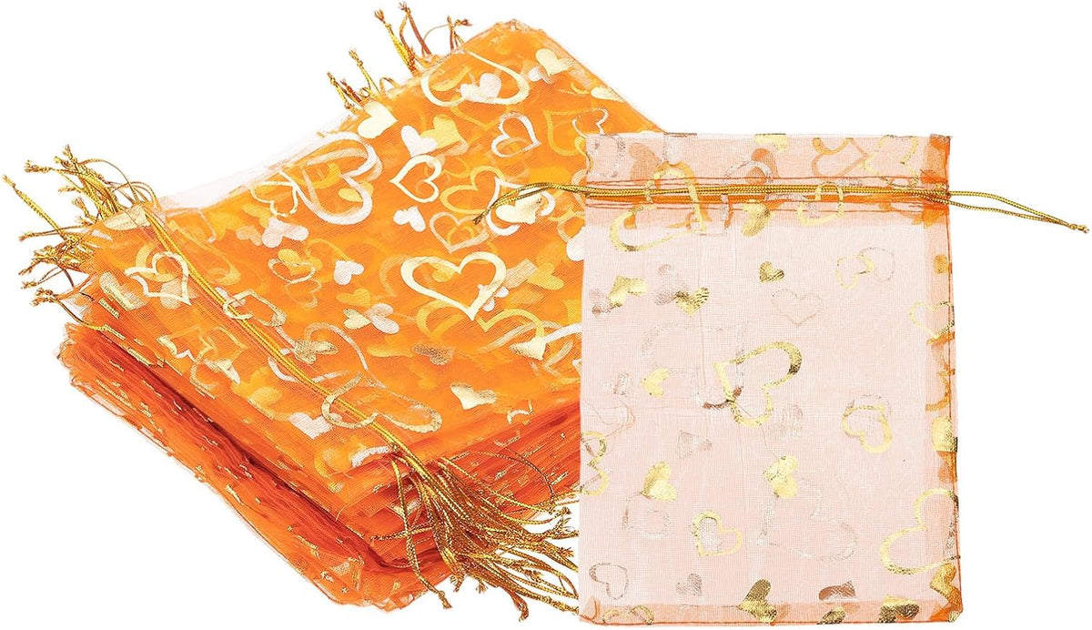 PATIKIL 100 Pcs 5x7 Inch Heart Printed Organza Bags, Orange Sheer Heart Organza Bags with