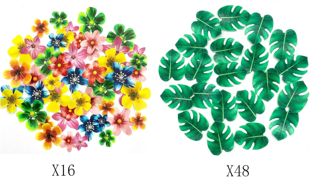 64Pcs Tropical Palm Leaves and Hawaii Flowers Cupcake Toppers Hawaii Theme Cake Decoration for