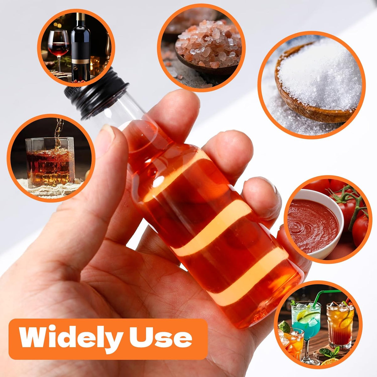 50 Pcs Mini Liquor Bottles with Black Cap, Plastic Alcohol Bottles, 2oz Leakproof Empty Spirit