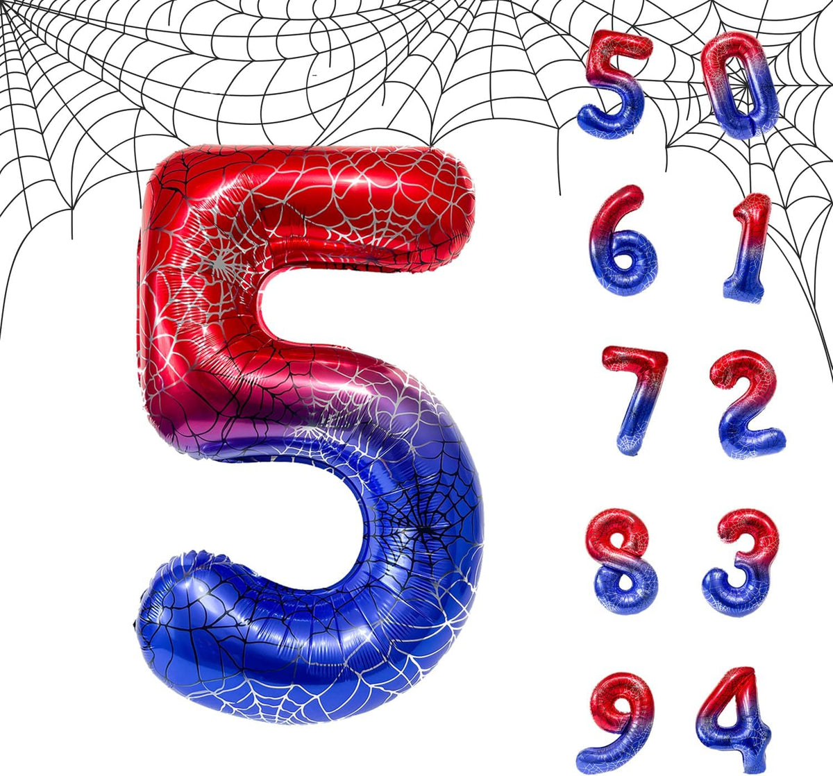 Spider Web 40Inch Foil Number Balloons Set 0-9 Includes Inflation Straws - Giant 7 Decor for