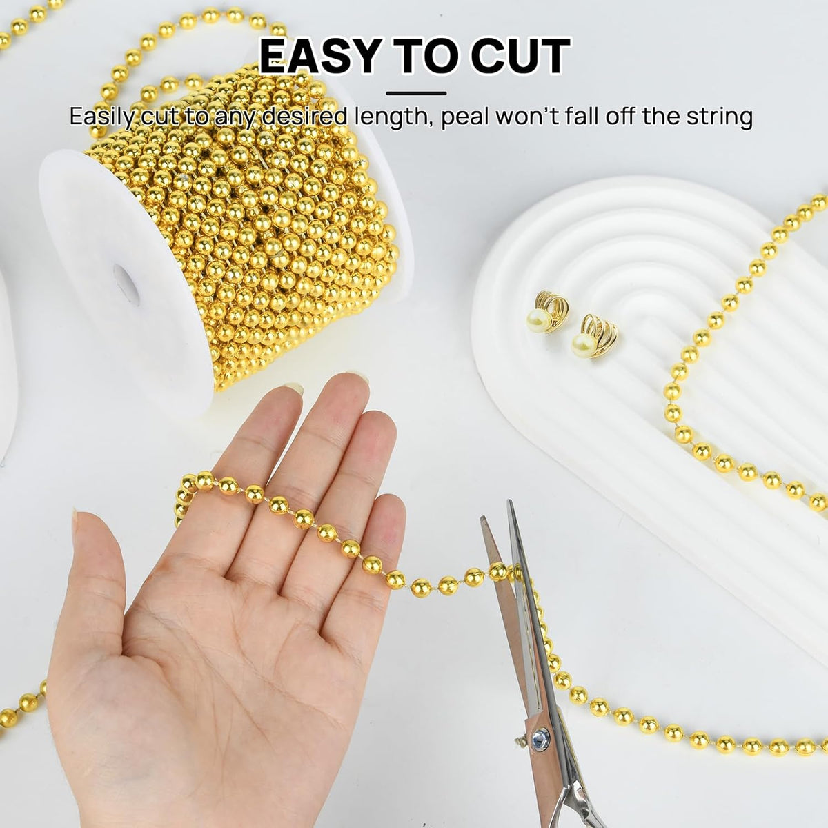 Craft String Pearls 6MM Pearl Bead, 66 Feet Gold Faux Pearl Garland Spool Roll Strand Wedding Party