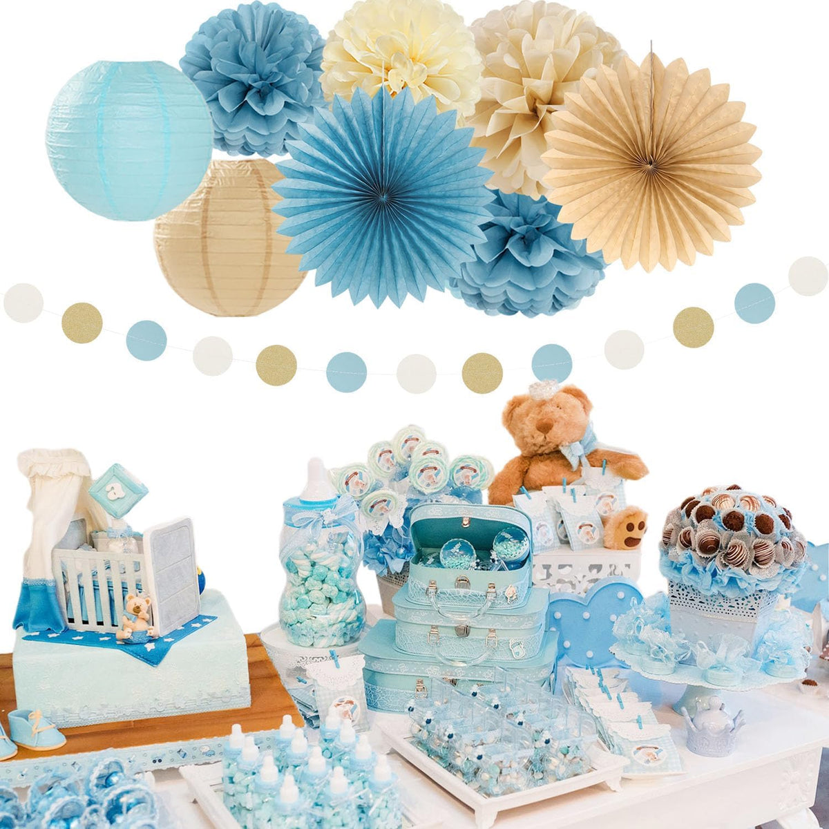 Light-Dusty Blue Beige-Champagne Baby-Shower Party-Decorations - 31pcs Welcome Home Banner Sign,Boy