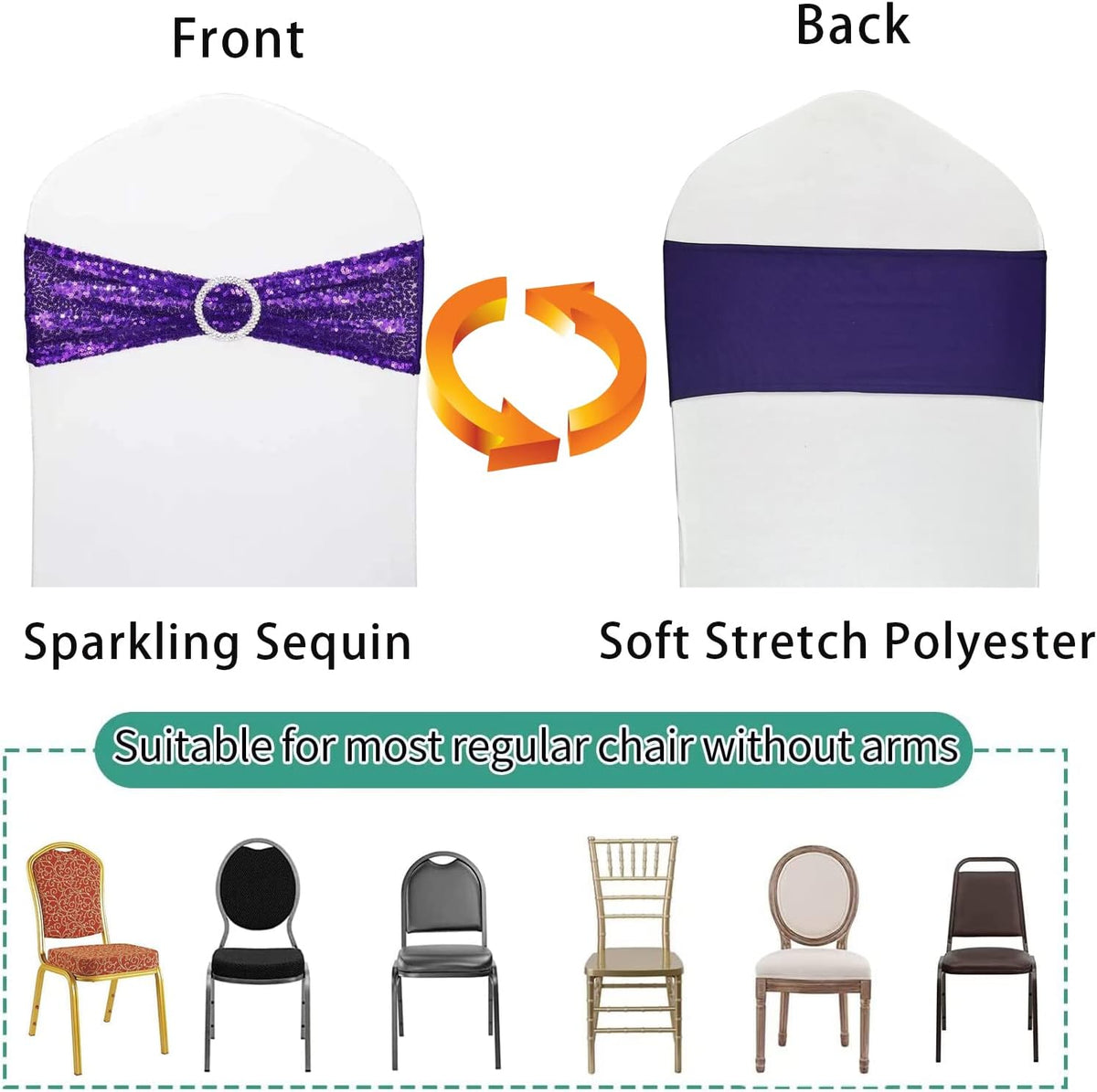 25 Pcs Chair Sashes Sequin Stretch Chair Bands Spandex Polyester Bows for Party Hotel Wedding