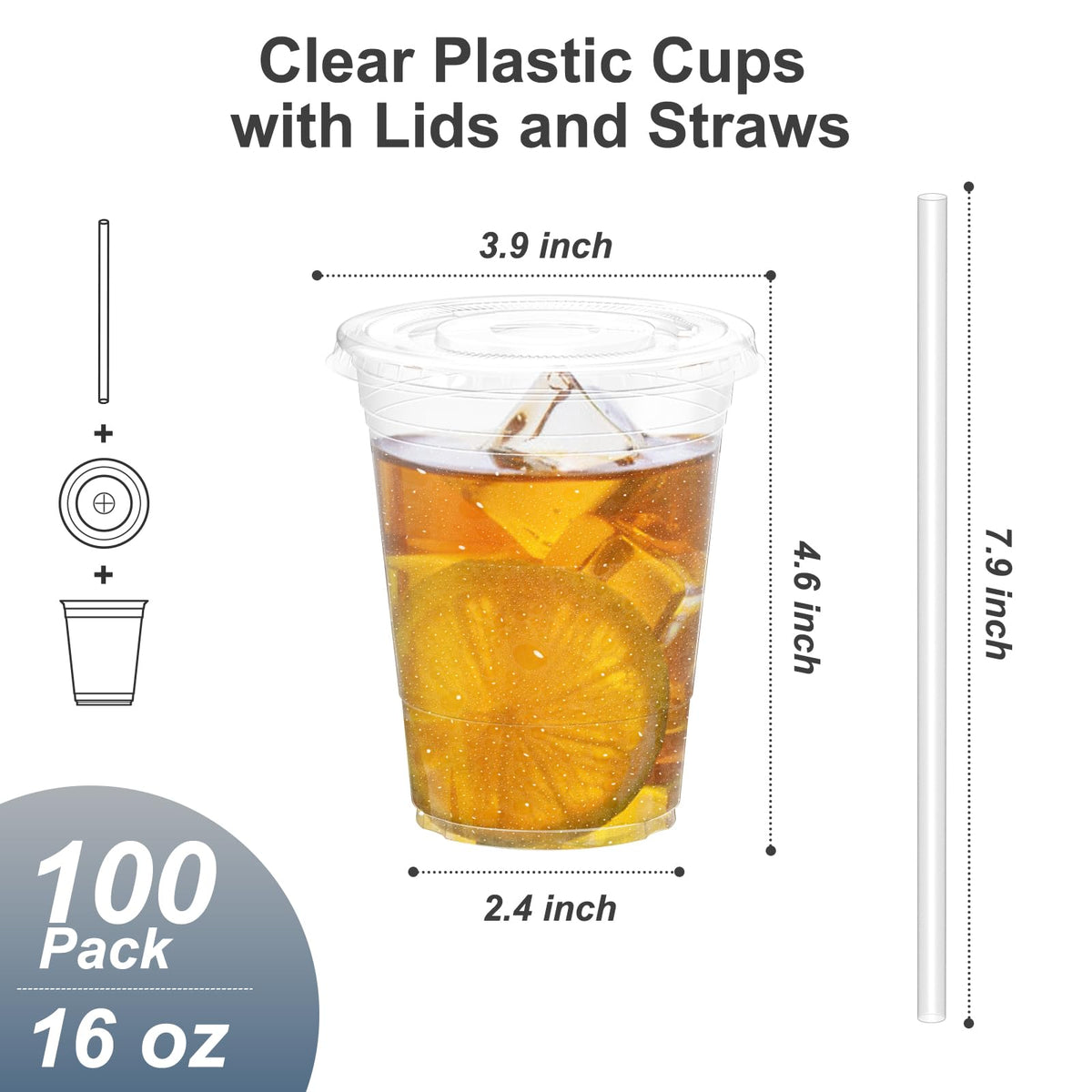 Dealusy 100 Pack - 16 oz Clear Plastic Cups with Lids and Straws