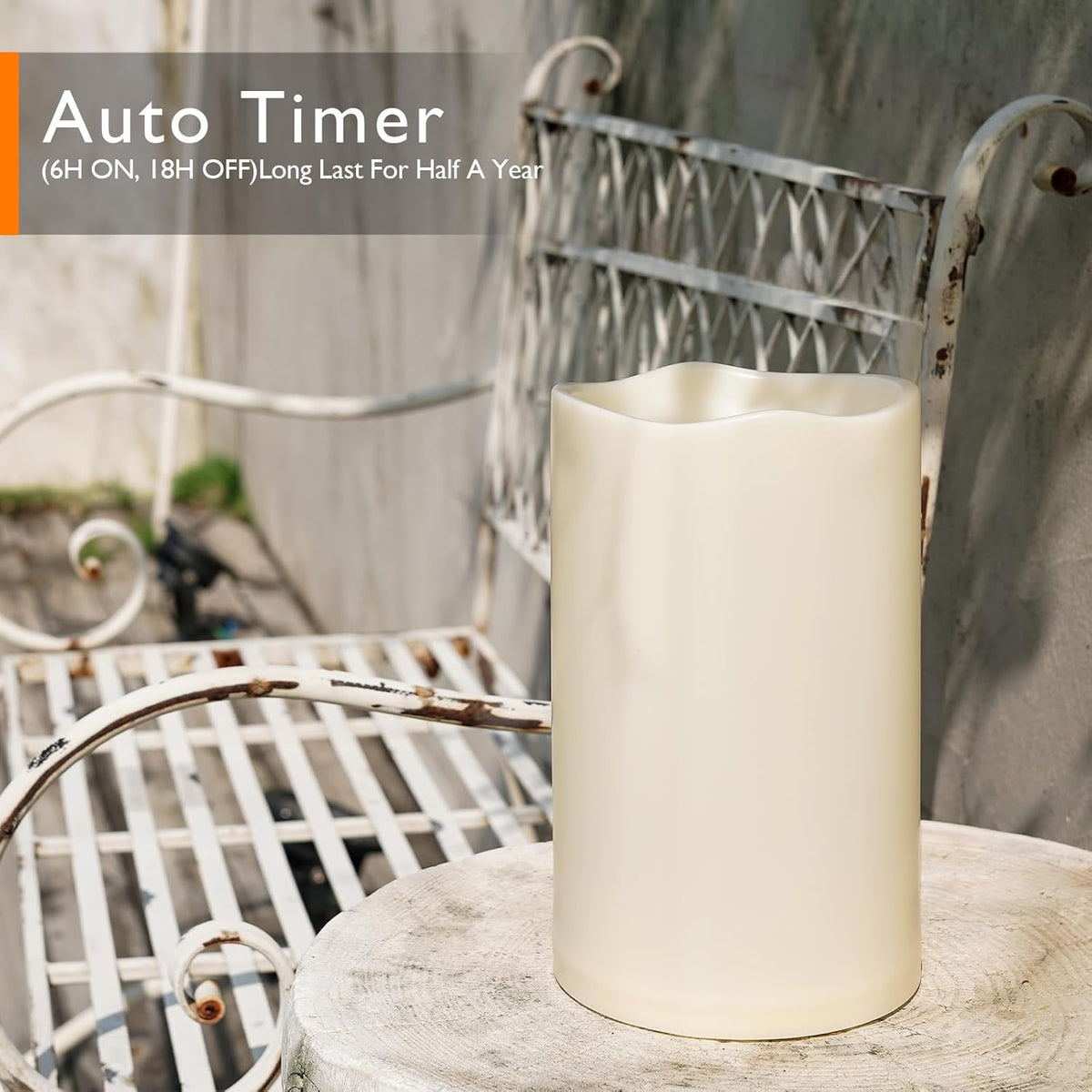 Homemory 6" x 9" Extra Large Outdoor Waterproof Candle with Auto 6-Hour Timer, No Remote, Ivory