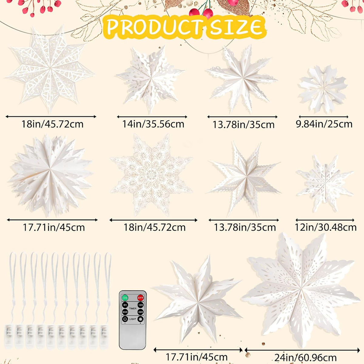 10 Pcs Christmas Paper Snowflake Lanterns, Large Christmas Paper Star Lanterns with LED Lights