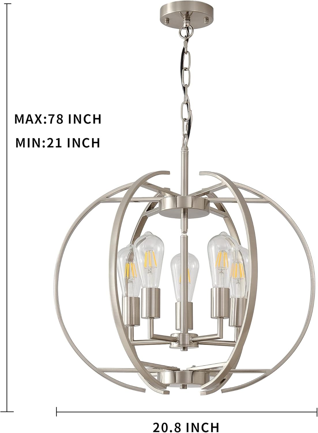 Large Lantern Globe Brushed Nickel Chandelier Lighting, Adjustable Hanging Ceiling Pendant 5 Light