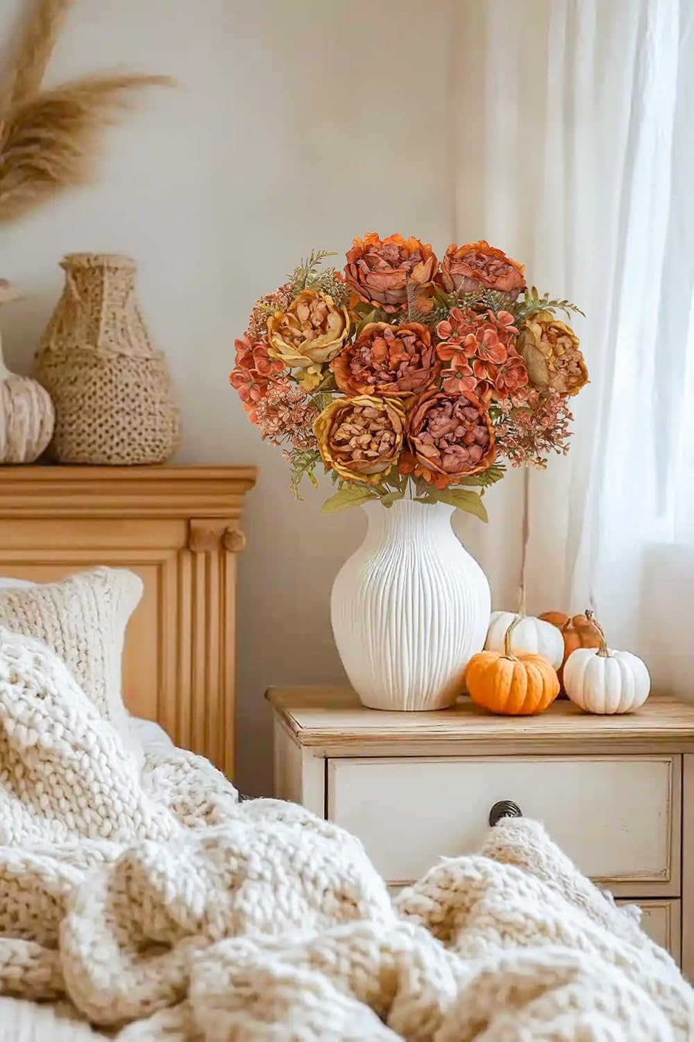 Hollyone 2Pcs Artificial Fall Flowers Bouquet 18.8" Burnt Orange Dried Peony Hydrangea Fake Fall
