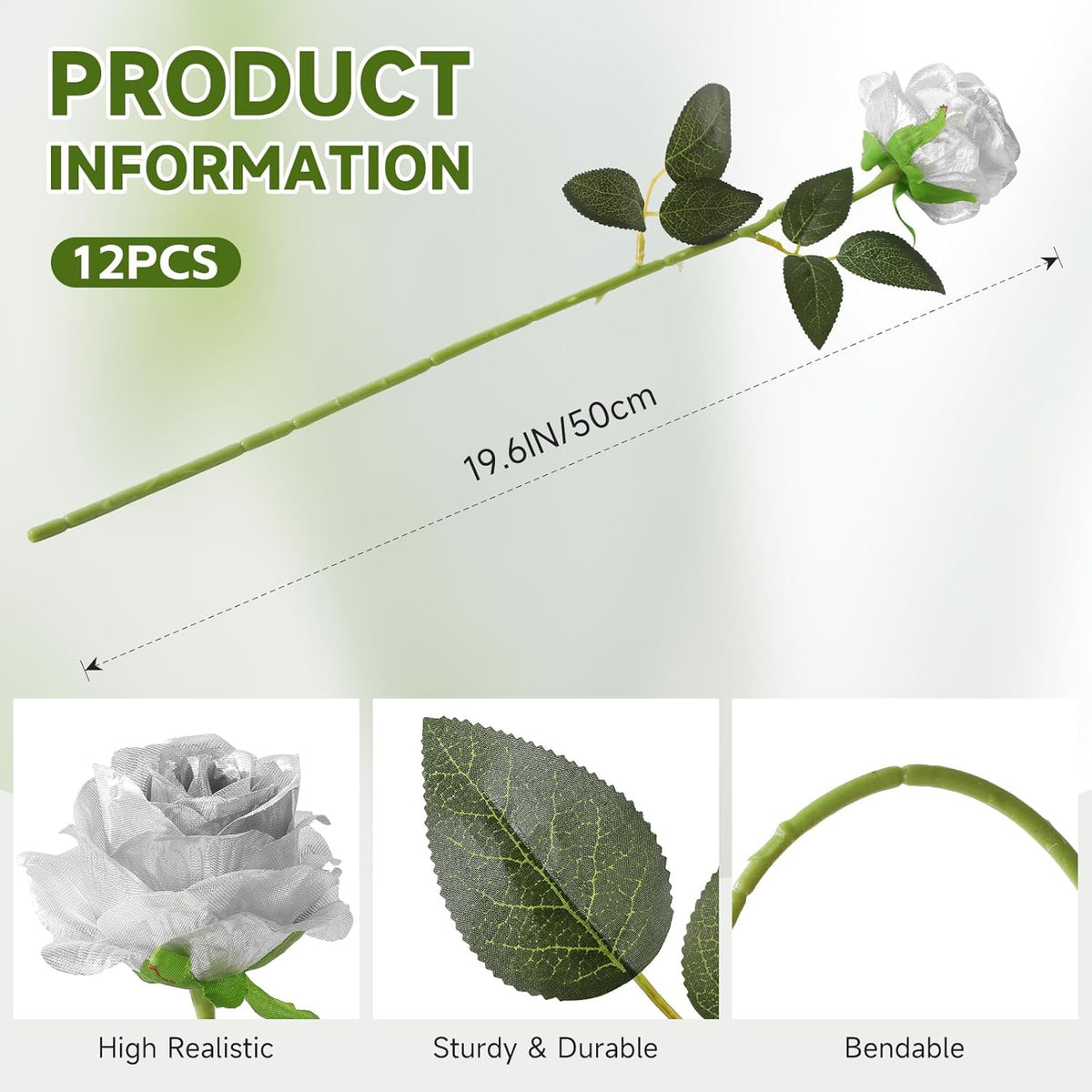Tifuly Silver Roses Artificial Flowers -12Pcs Realistic Single Long Stem Fake Silk Roses Bouquet