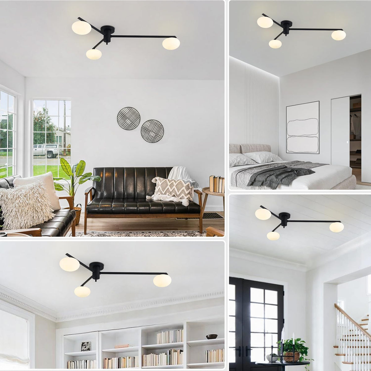 3-Light Modern Sputnik Chandelier with Milk Glass Shade - Black Flush Mount Ceiling Light for
