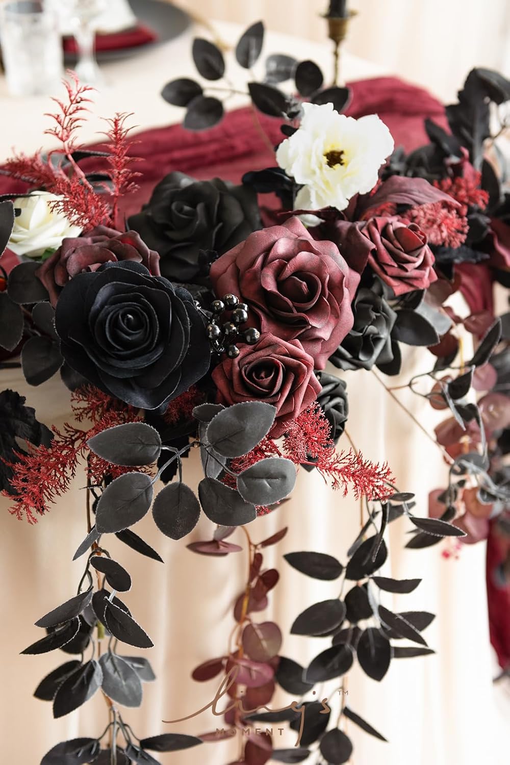 Ling's Moment 9FT Eucalyptus & Willow Leaf Garland with White Flower, Handcrafted Wedding