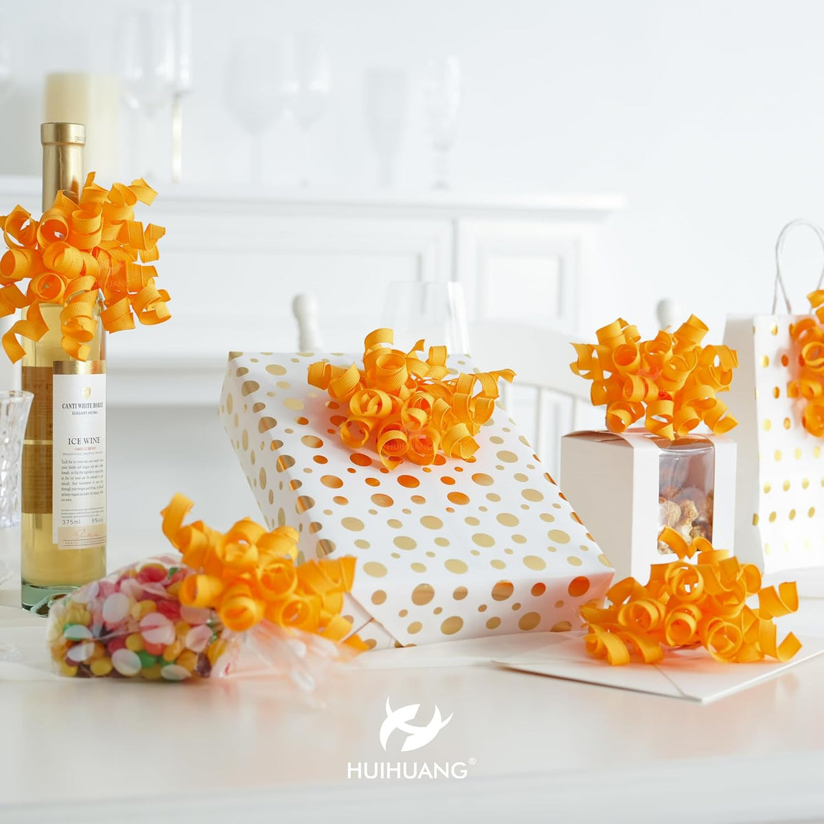 HUIHUANG Yellow Curly Ribbon Bows for Gift Wrapping, Yellow Gift Bows Self Adhesive Burst Gift Bows