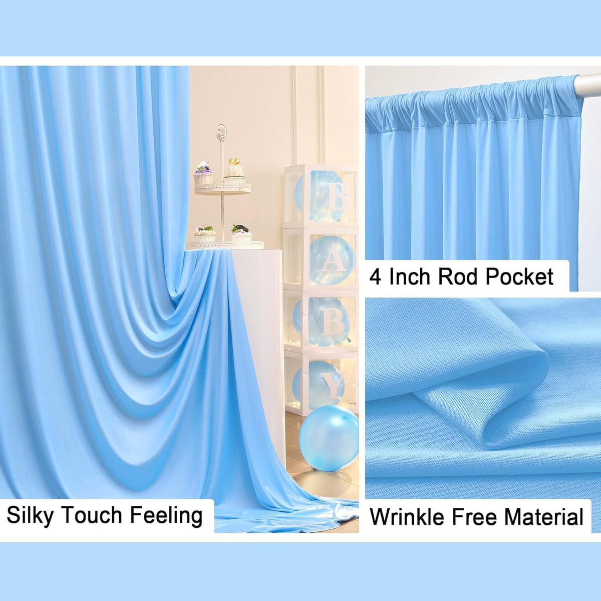 50 ft x 10 ft Wrinkle Free Blue Backdrop Curtain Panels, Polyester Photography Backdrop Drapes