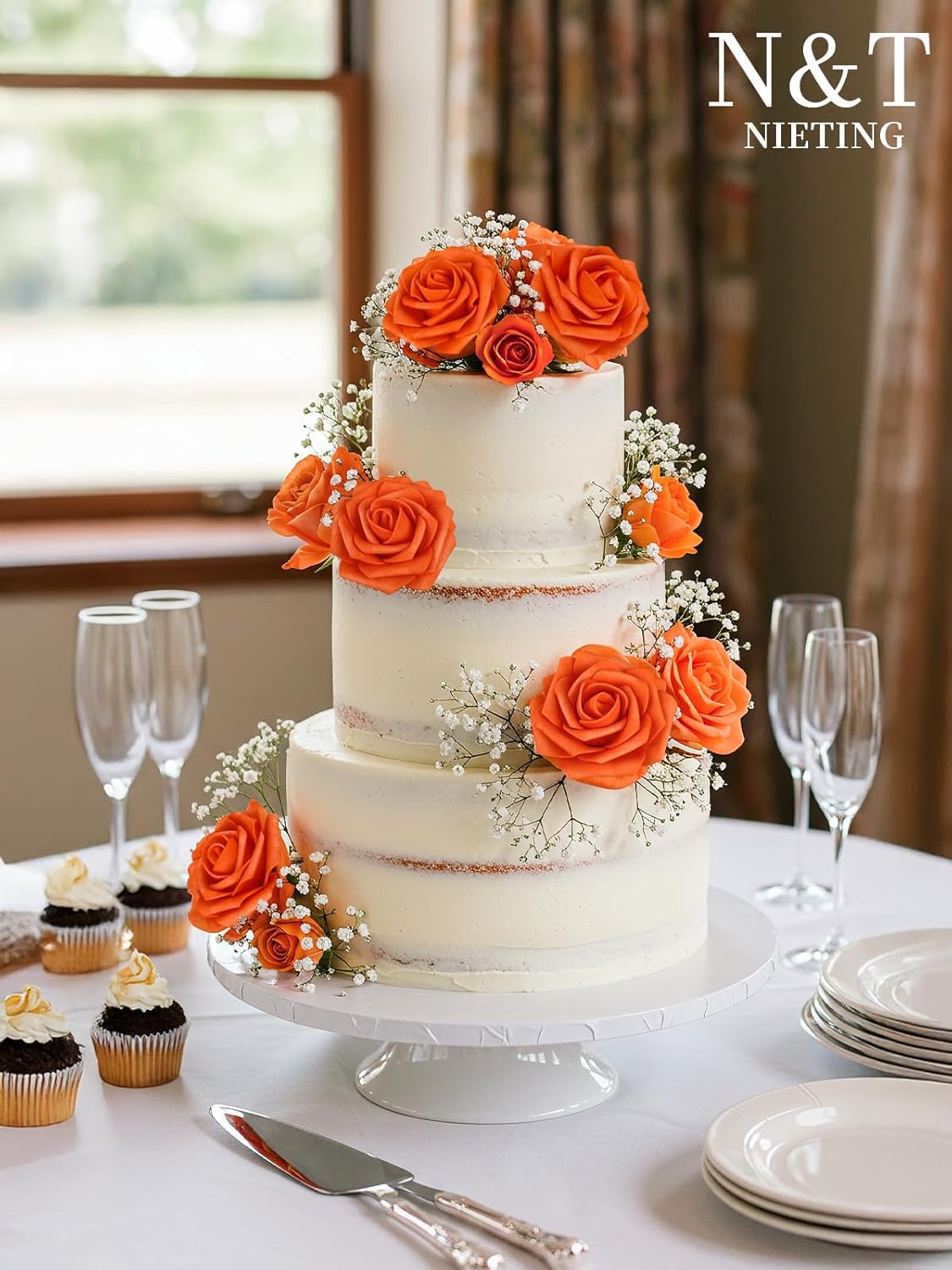 N&T NIETING Artificial Fall Flowers Fake Flowers Orange Roses Perfect for DIY Wedding Bridal