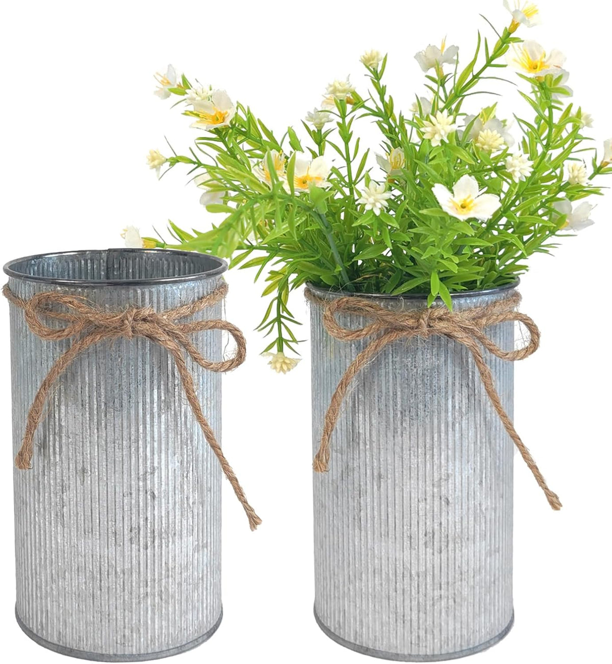 6" High Vase Centerpiece for Table, Rustic Farmhouse Mason Jars with Twine Bow, Vintage Galvanized