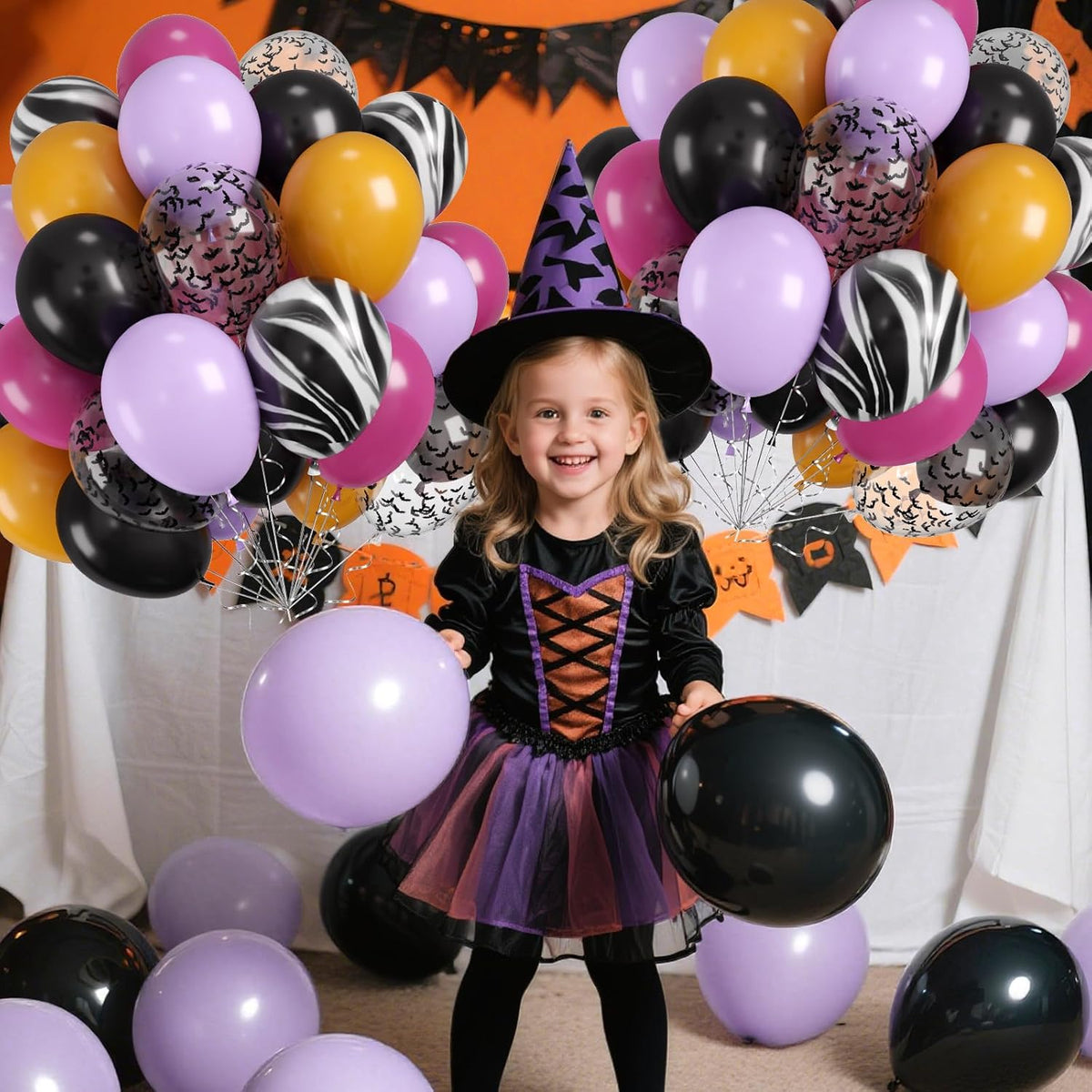 Halloween Balloons, 60pcs Purple Black Balloons, Purple Yellow Black Tie Dye Balloon With Bat