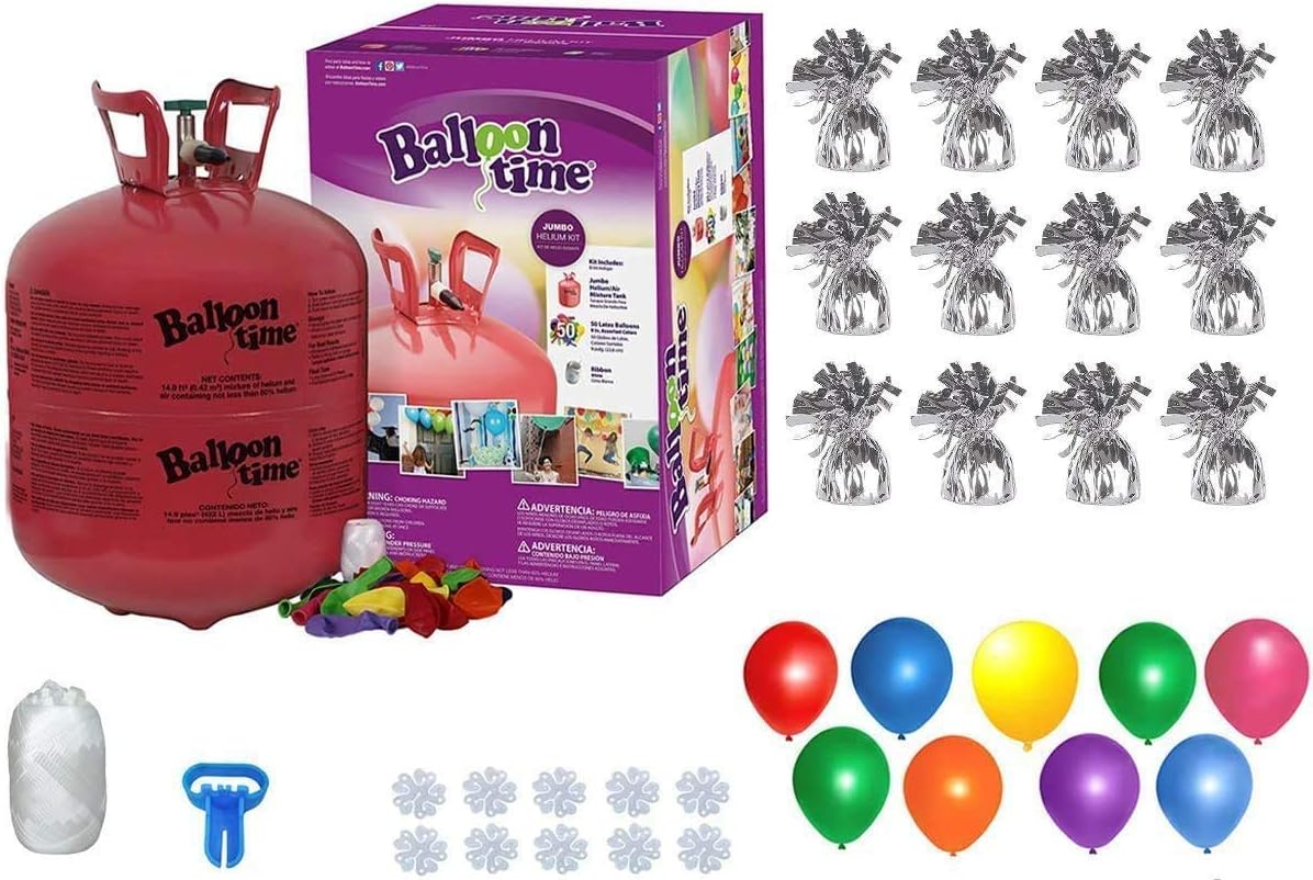 Helium Tank for Balloons At Home 14.9 Cu Ft Helium Tank, 50 Balloons and White Ribbon, 12 Silver