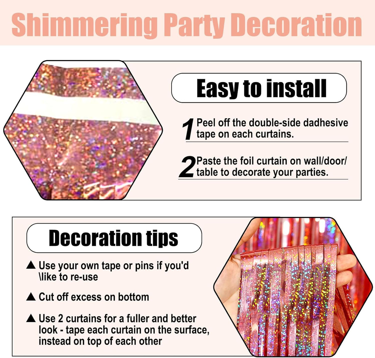 3 Pack Rose Gold Foil Fringe Curtain Backdrop, 3.28Ft x 8.2Ft Metallic Tinsel Foil Fringe Streamer