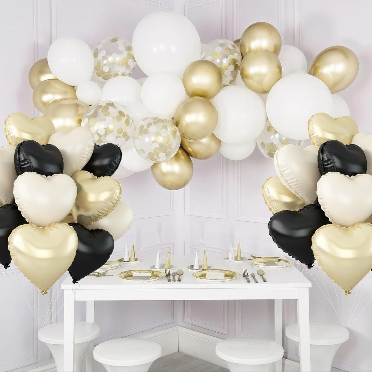 Black White Gold Heart Balloons,12Pcs 18Inch Black Cream White Champagne Gold Heart Shaped Foil