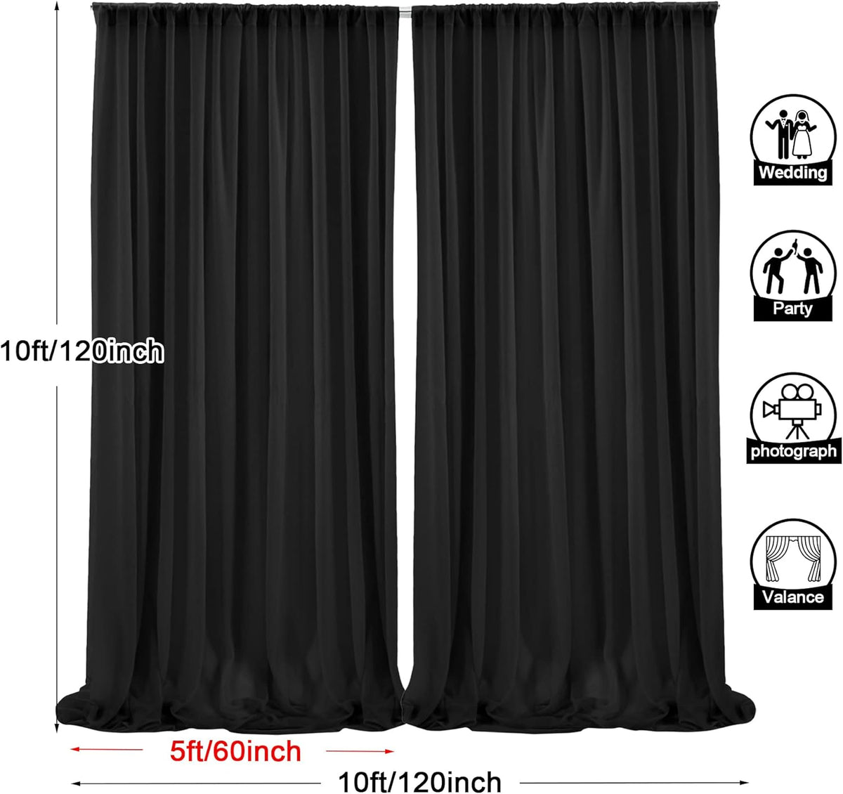 PARTISKY 10ftx10ft Black Chiffon Sheer Backdrop Curtains, Wrinkle-Free Wedding Backdrop Drapes for