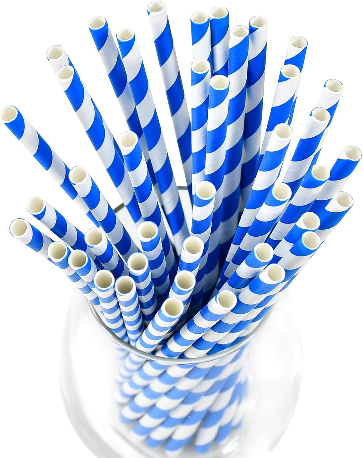 Blue Stripes Disposable Paper Party Straws for Drinking 7.75 inch 100 Counts, Compostable - for