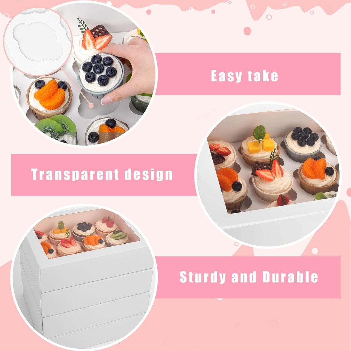 VGOODALL 12 Count Cupcake Boxes, 12PCS Cupcake Holder with Window White Pastry Boxes for Birthday