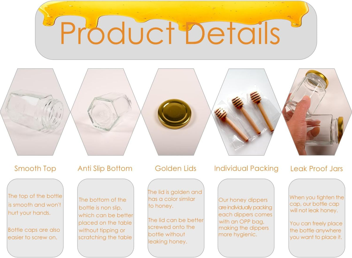 Adabocute 4oz Hexagonal Honey Jars - Glass Honey Jars with Gold Lids, Wooden Dippers, Bee Charms