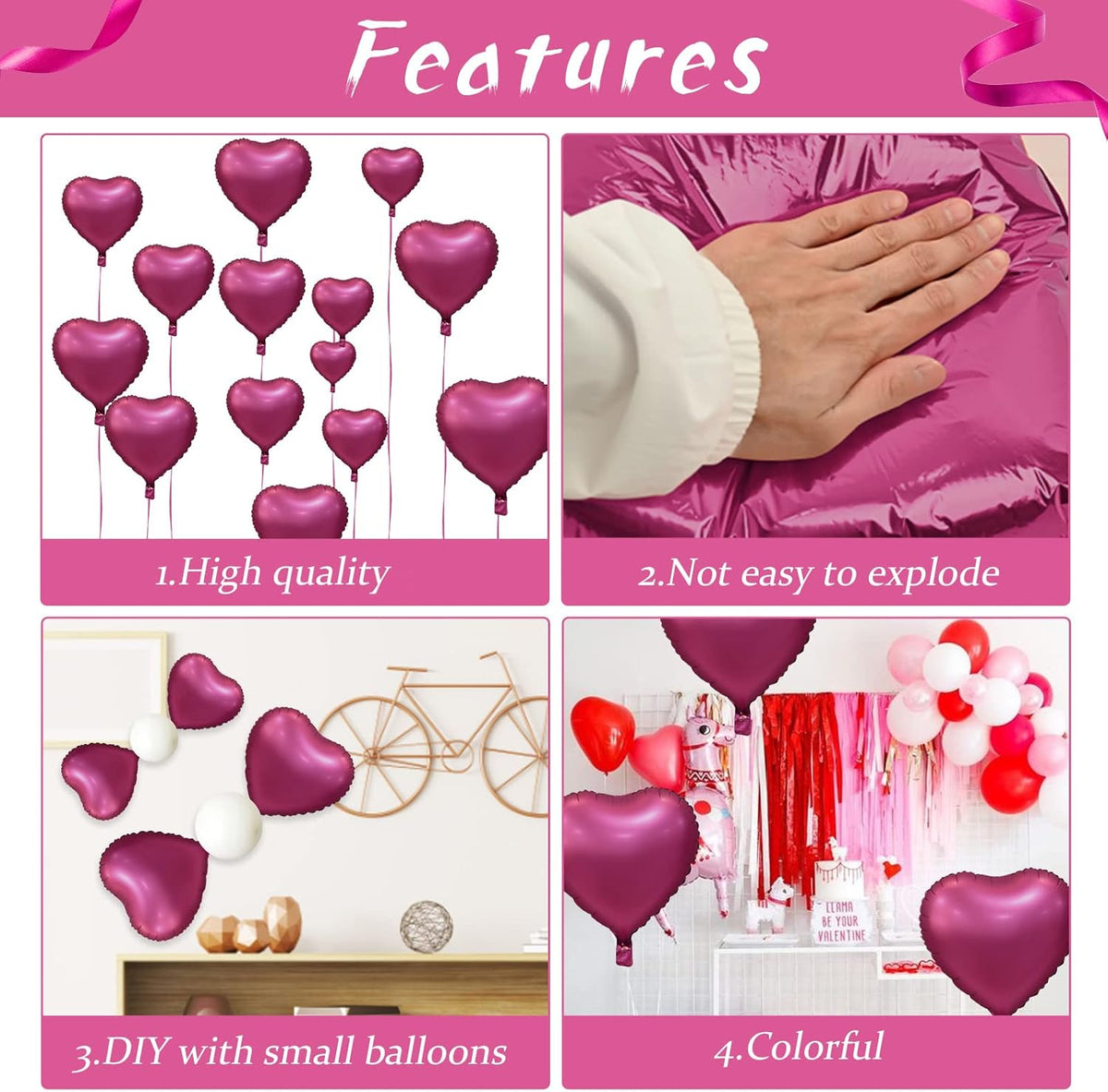 Biapian Foil Heart Balloons, 10PCS Pink Heart Shape Balloons Valentines Balloons 18inch Rose Red