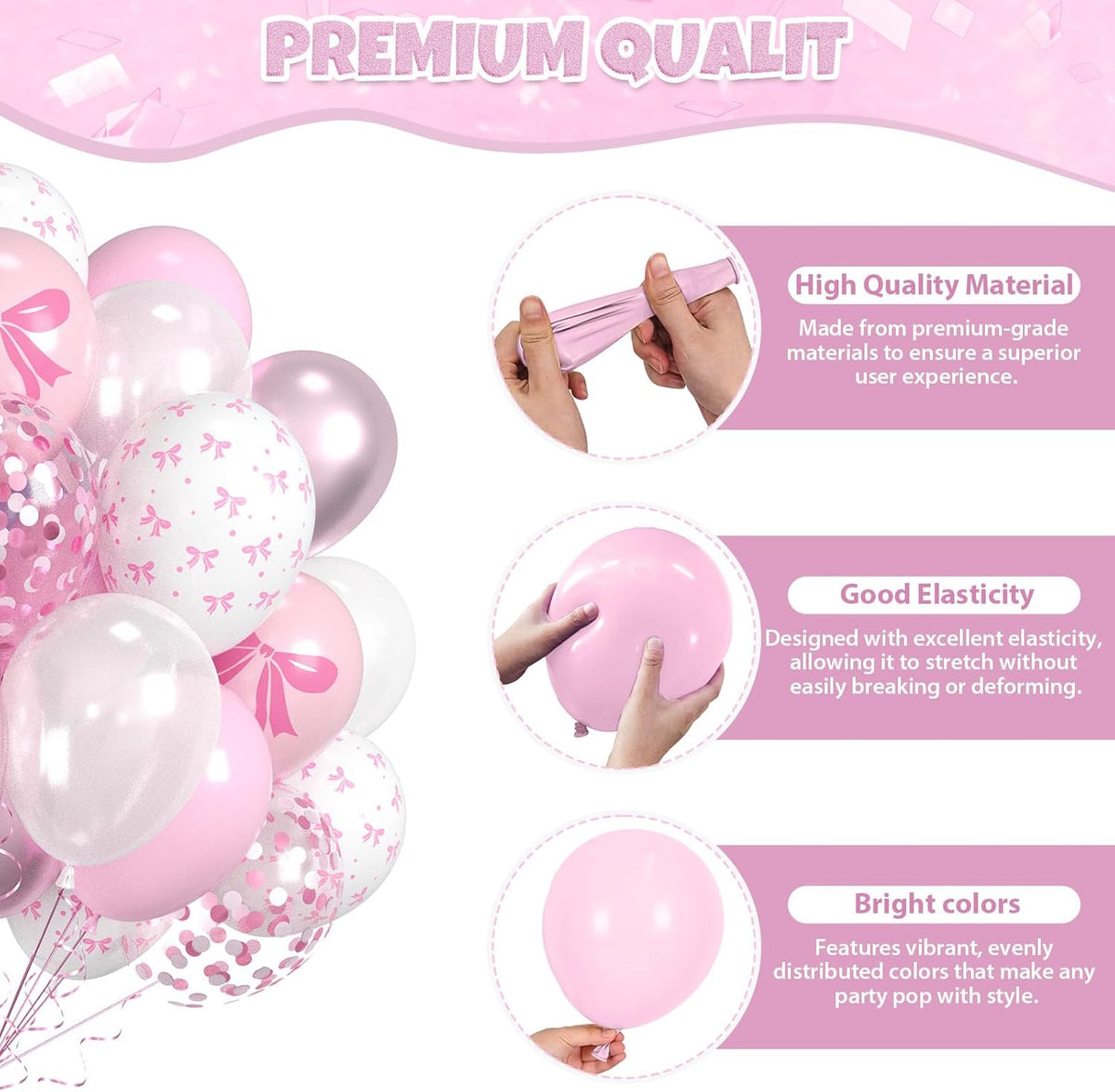 Pink Bow Latex Balloons, 60pcs Pink and White Balloons, Bow Printed Balloon Metallic Confetti