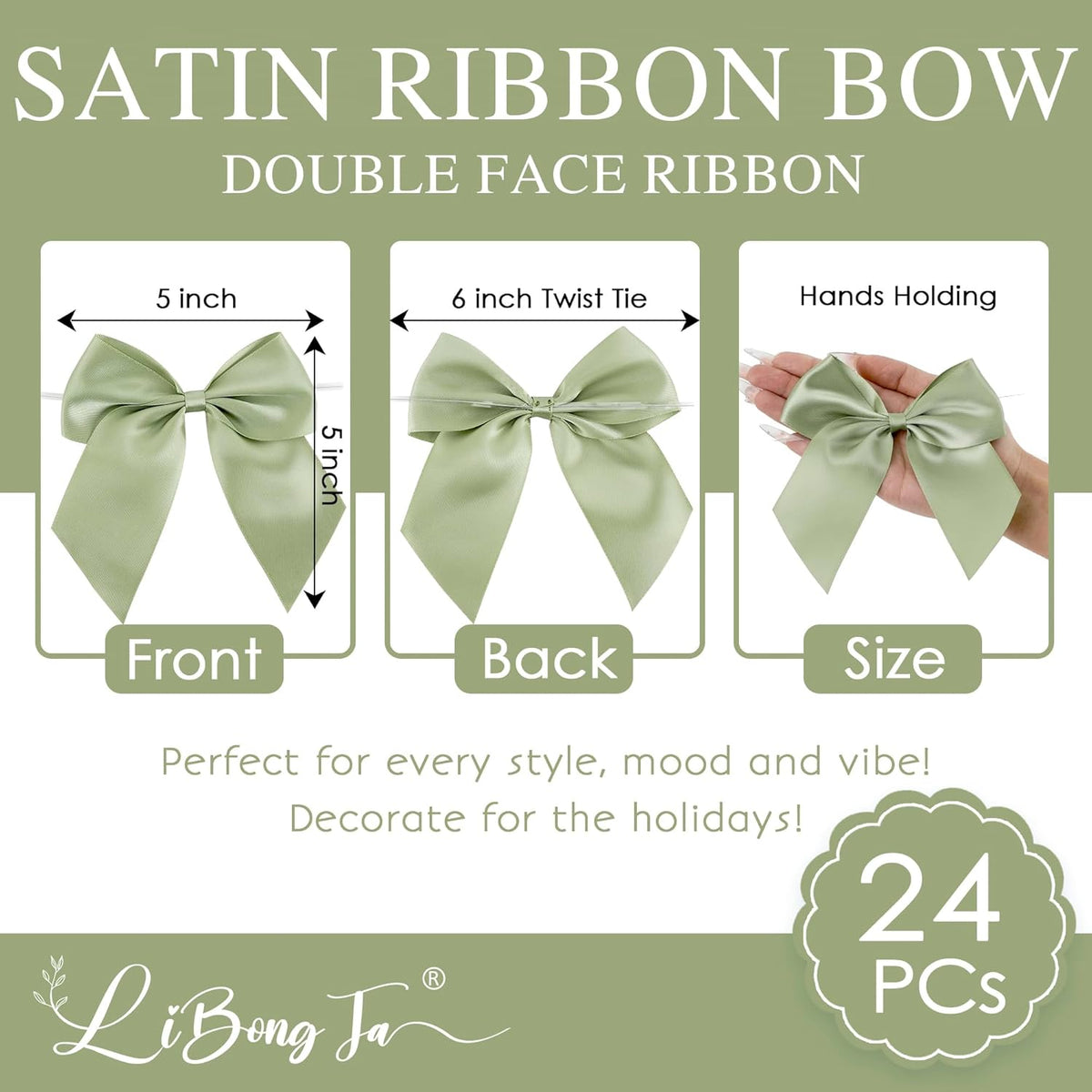 5'' Sage Green Bow Party Decorations Satin Bows, Twist Tie Bows for Treat Bags, Cake Pops, Pre-tied