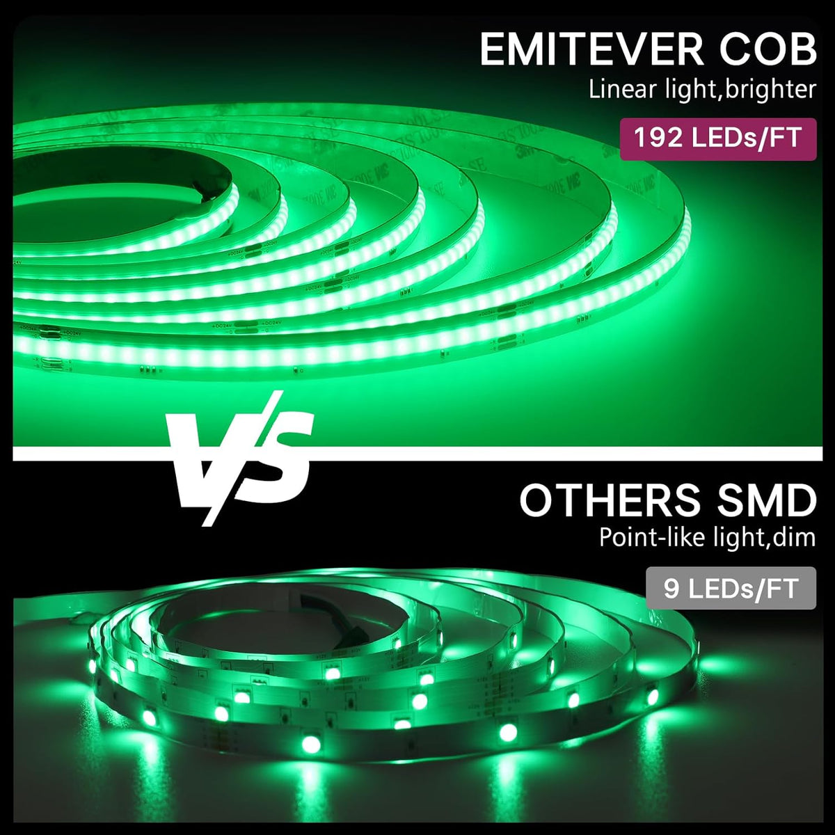 EMITEVER RGB LED Strip Light 16.4ft, Dimmable COB 24V Flexible LED Color Changing Tape Light Kit