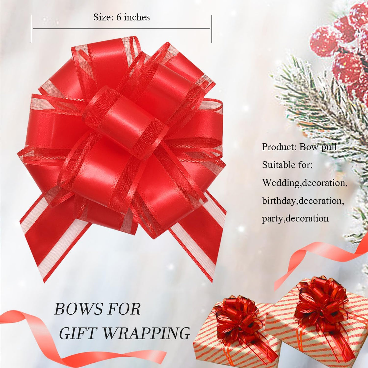 6 Pieces Large Pull Bows,6 inches,Bow for Gift Wrapping,Pull Bows for Party Birthday Gift Wedding