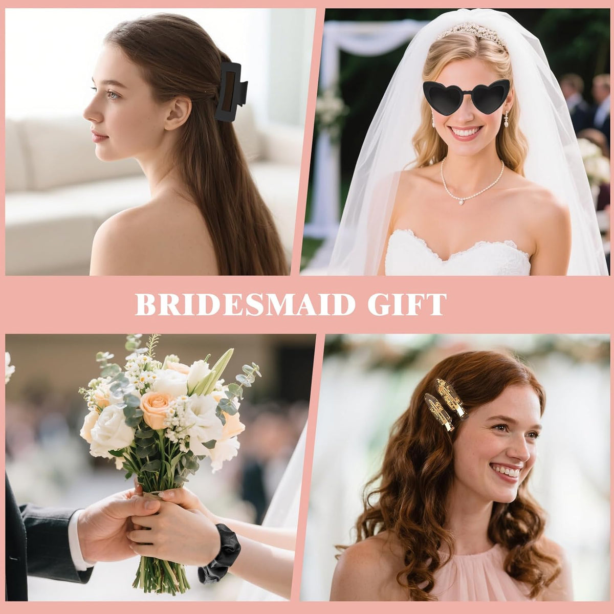 Black Bridesmaid Gift Box for Proposal, 8PCS Hair Claw, Scrunchies, Makeup Clips & Heart Sunglasses